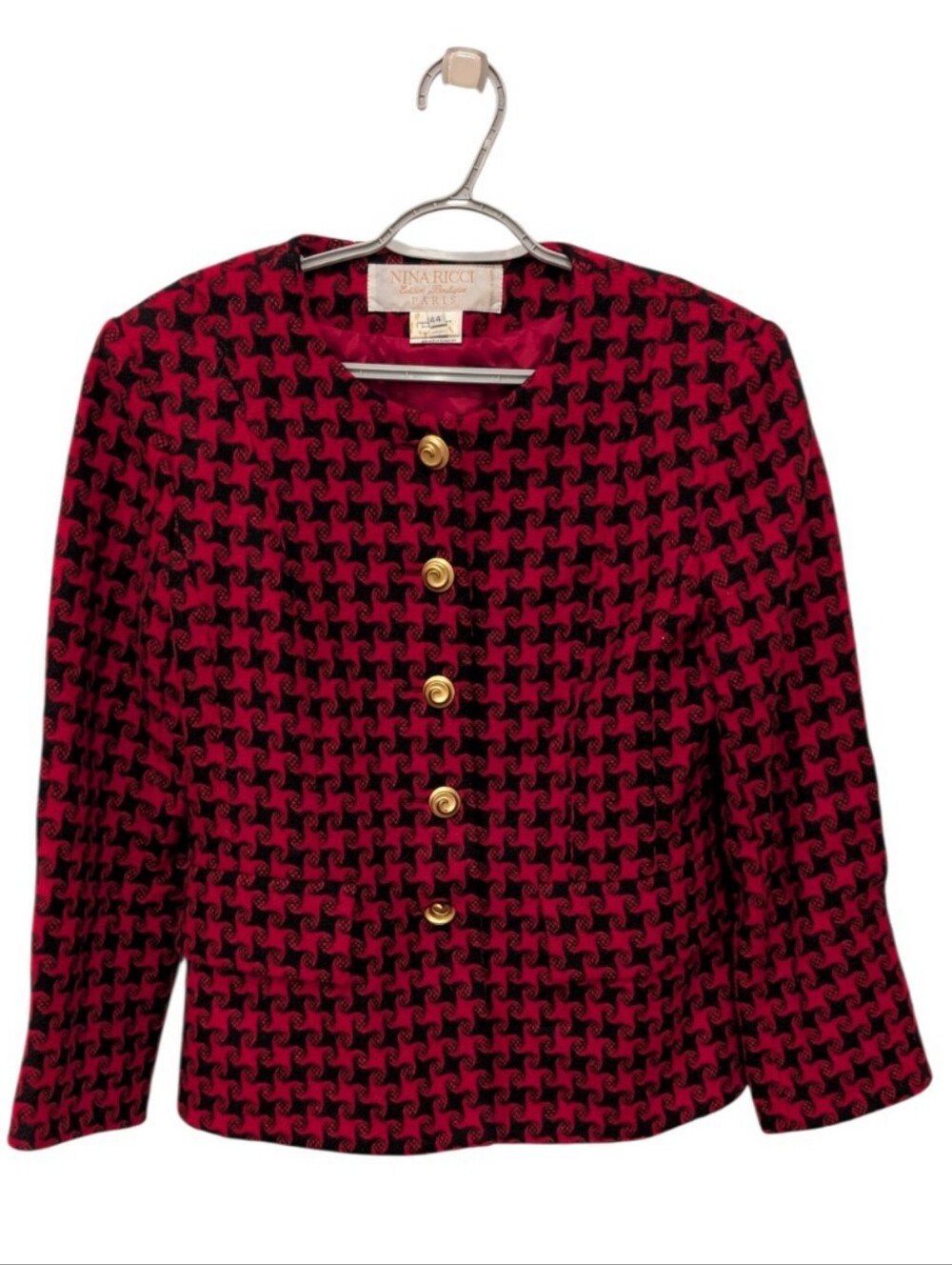 Vintage 80s Nina Ricci Paris Houndstooth Tweed Blazer Jacket Gold Buttons 44